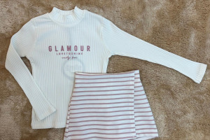 Pembe Glamour Baskılı Bluz Çizgili Şort Etek Takım